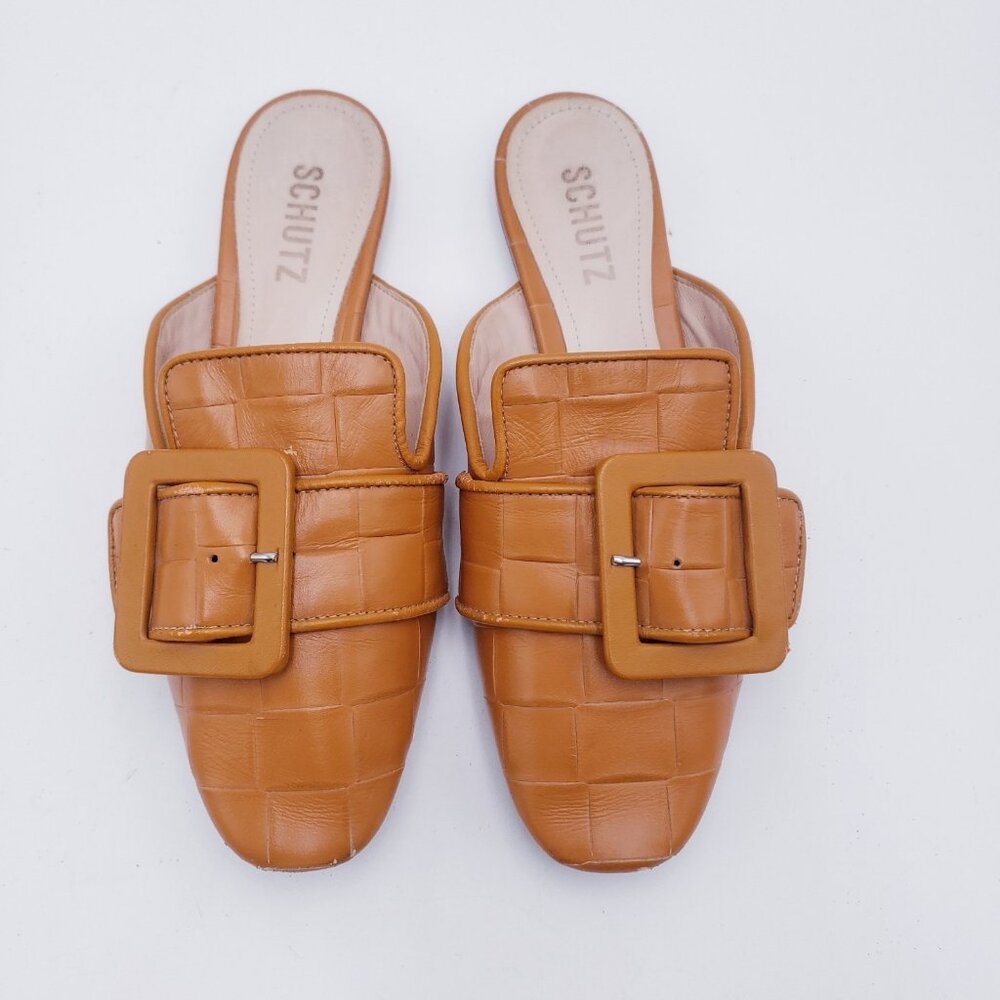 Shutz Savana Braided Leather Mule Slip On Big Buckle Brown Leather Size 6.5